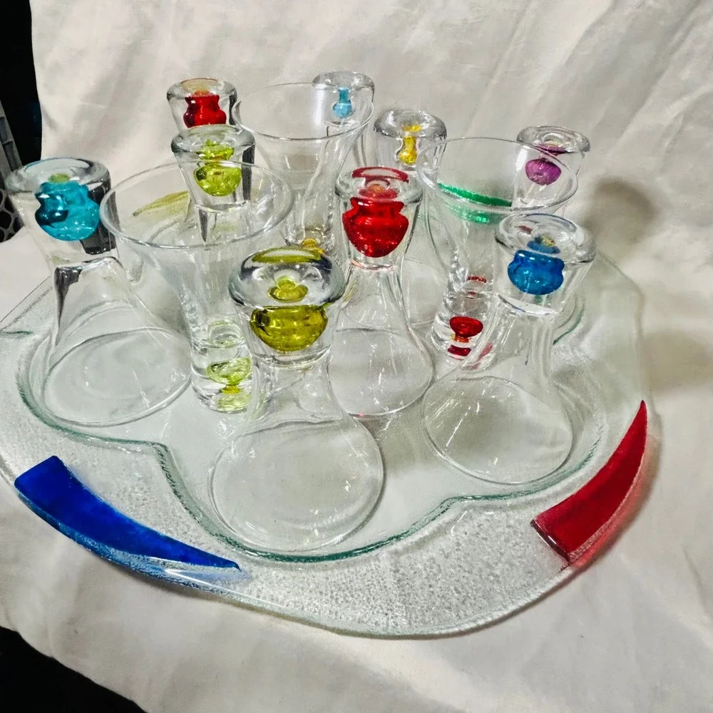 Art Glass Decanter Set 8 Bottles Colorful Stopper Serving Tray